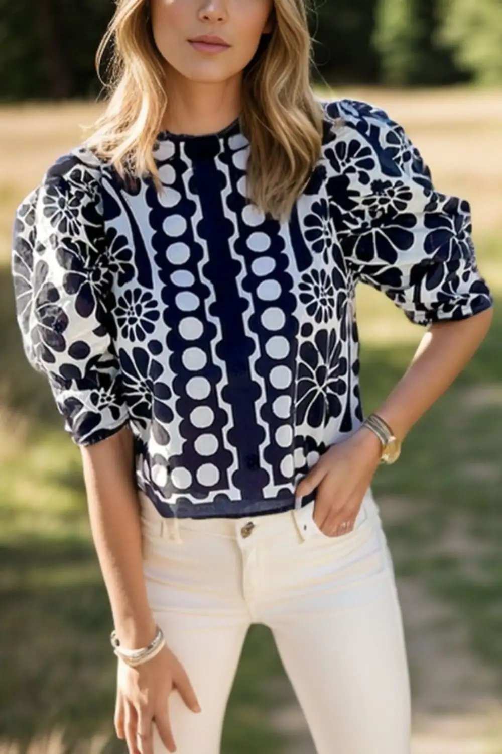 Printed Round Neck Half Sleeve Blouse - Trendsi - Flyclothing LLC