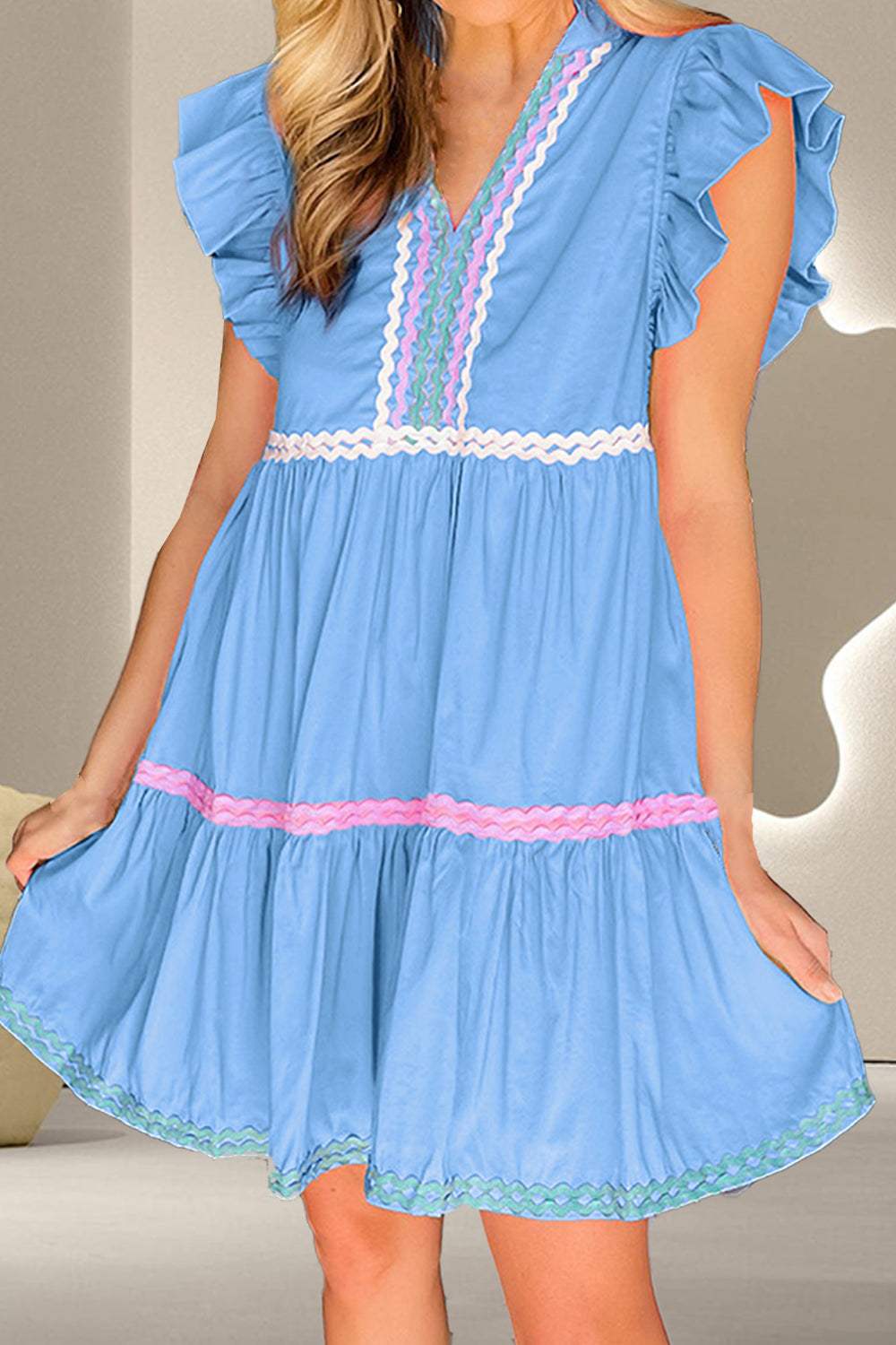 Ruffled Notched Cap Sleeve Mini Dress - Trendsi - Flyclothing LLC