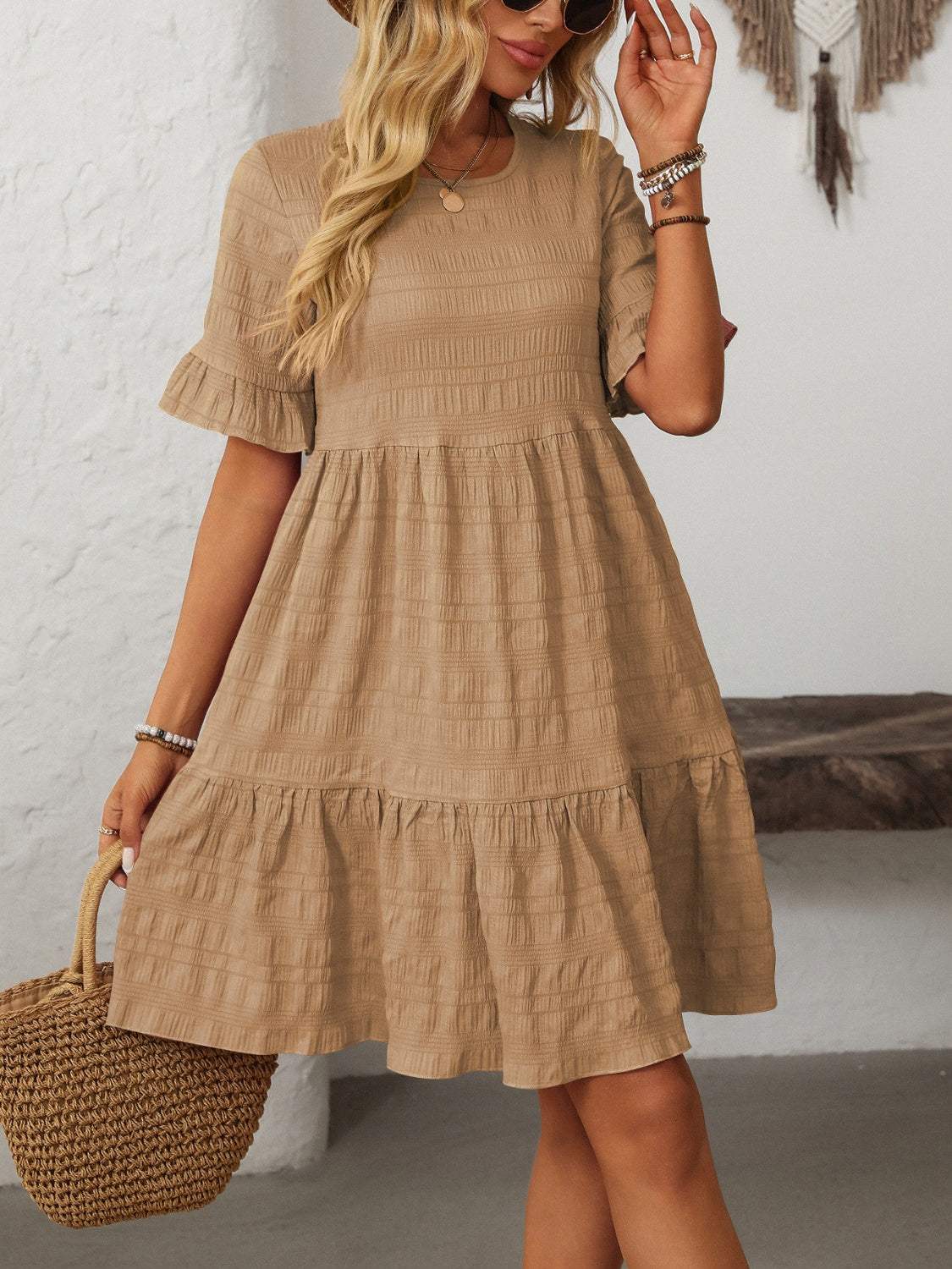 Mandy Ruffled Ruched Round Neck Half Sleeve Dress - Trendsi - Flyclothing LLC