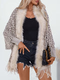 Fringe Leopard Open Front Long Sleeve Poncho - Trendsi
