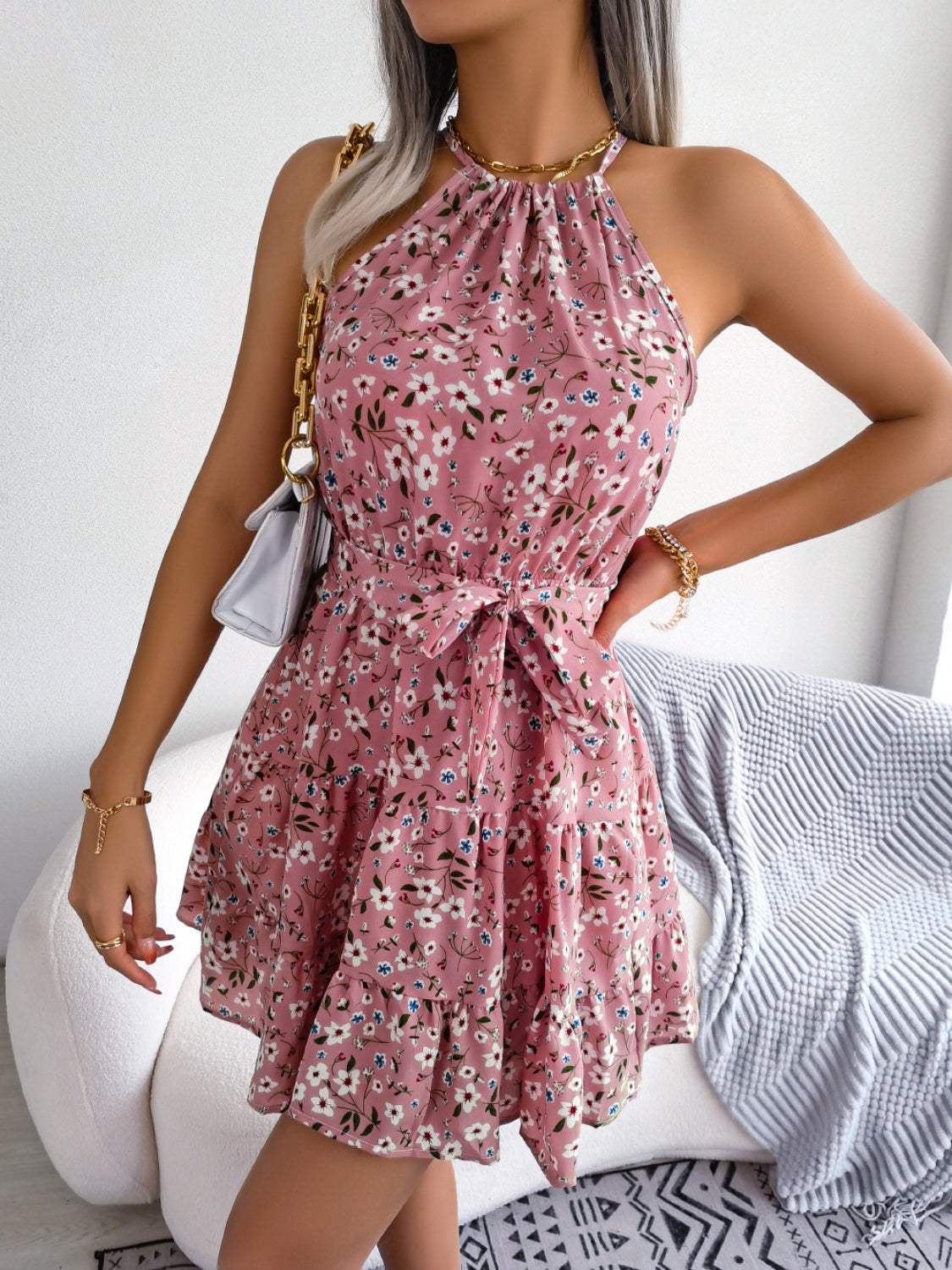 Tied Printed Grecian Neck Mini Dress - Trendsi - Flyclothing LLC