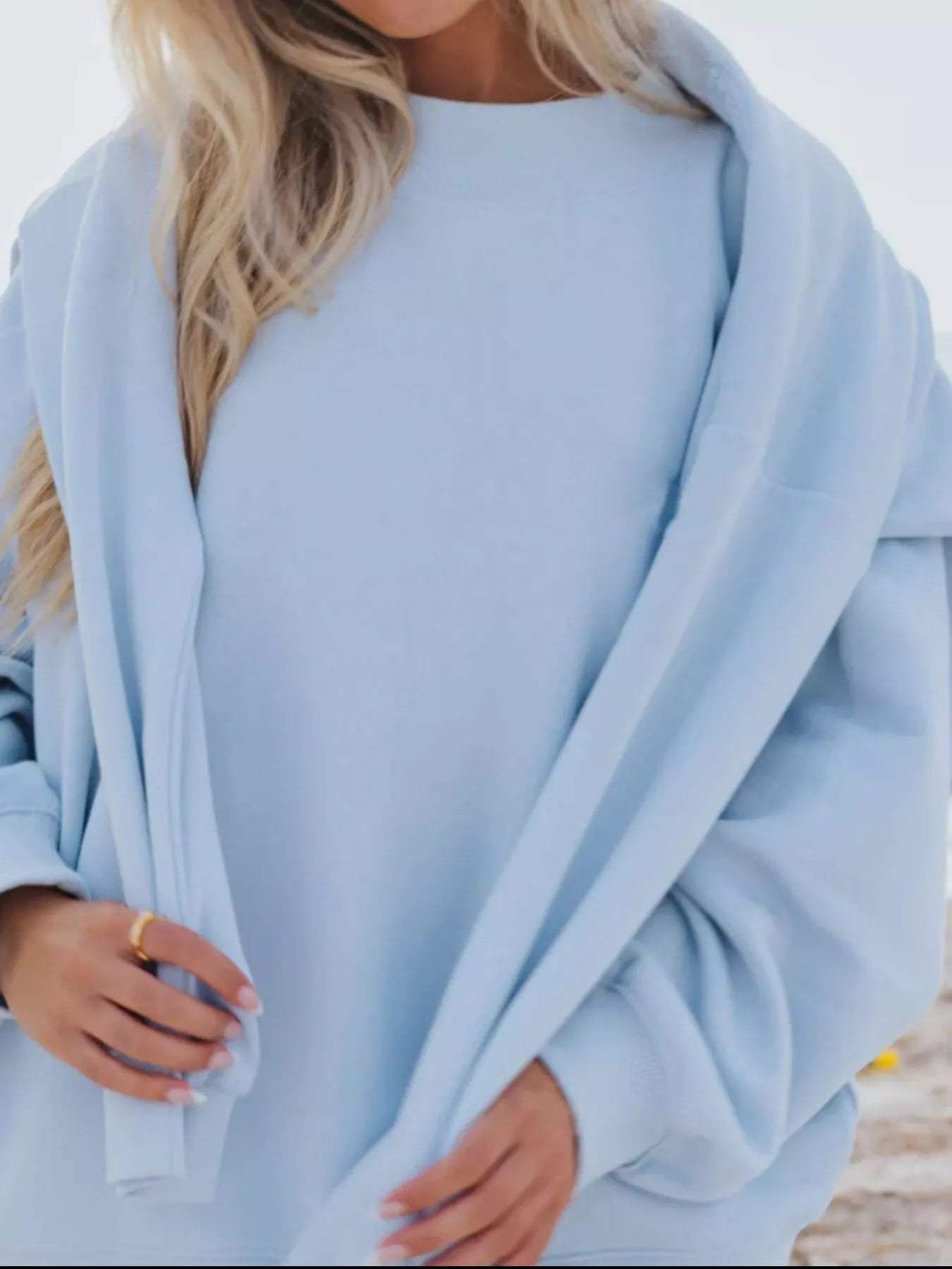 Relaxed Fit Round Neck Sweatshirt and Shorts Set - Trendsi - Flyclothing LLC
