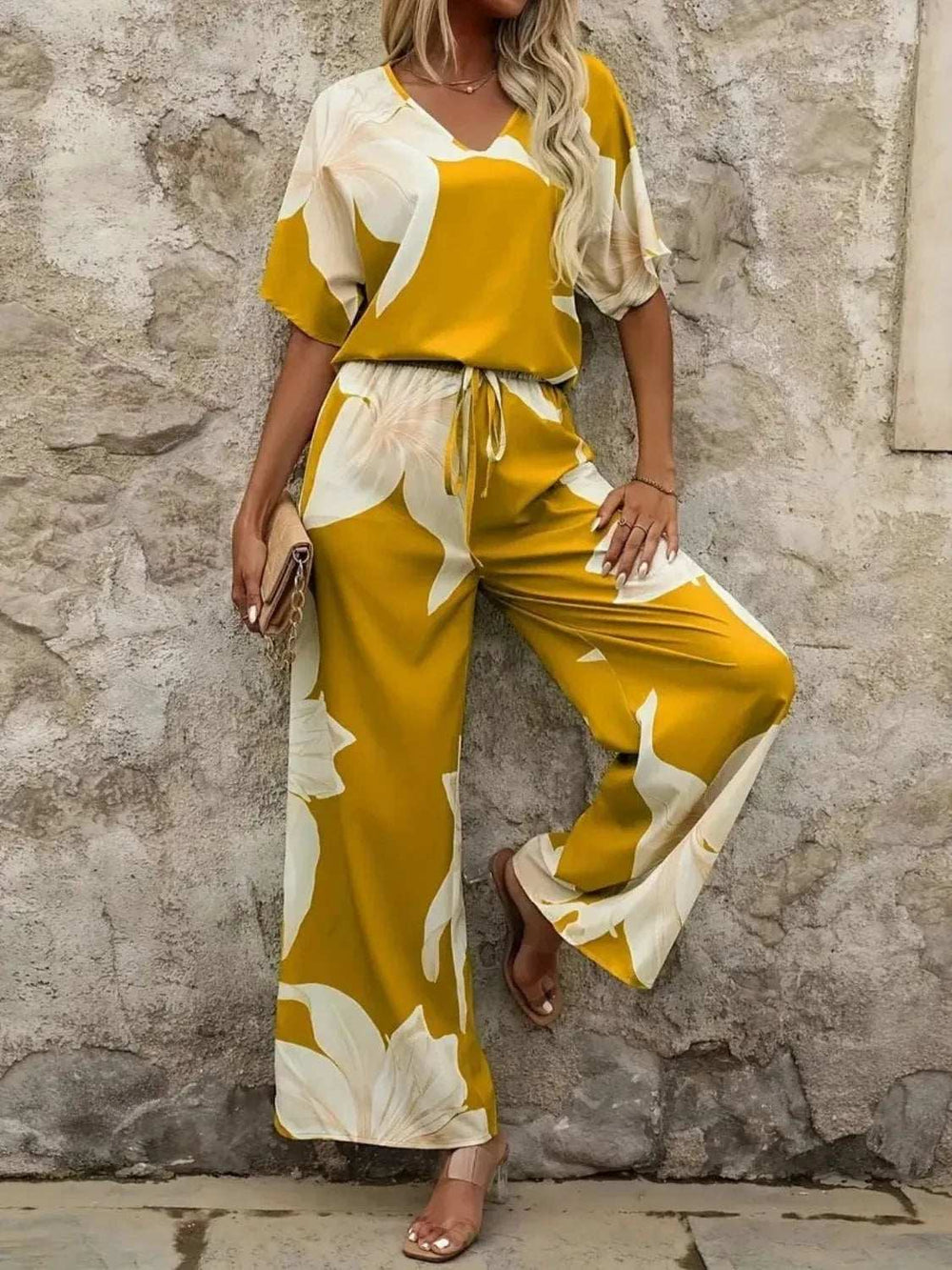 Printed V-Neck Top and Wide Leg Pants Set - Trendsi - Flyclothing LLC