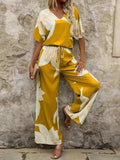 Printed V-Neck Top and Wide Leg Pants Set - Trendsi - Flyclothing LLC