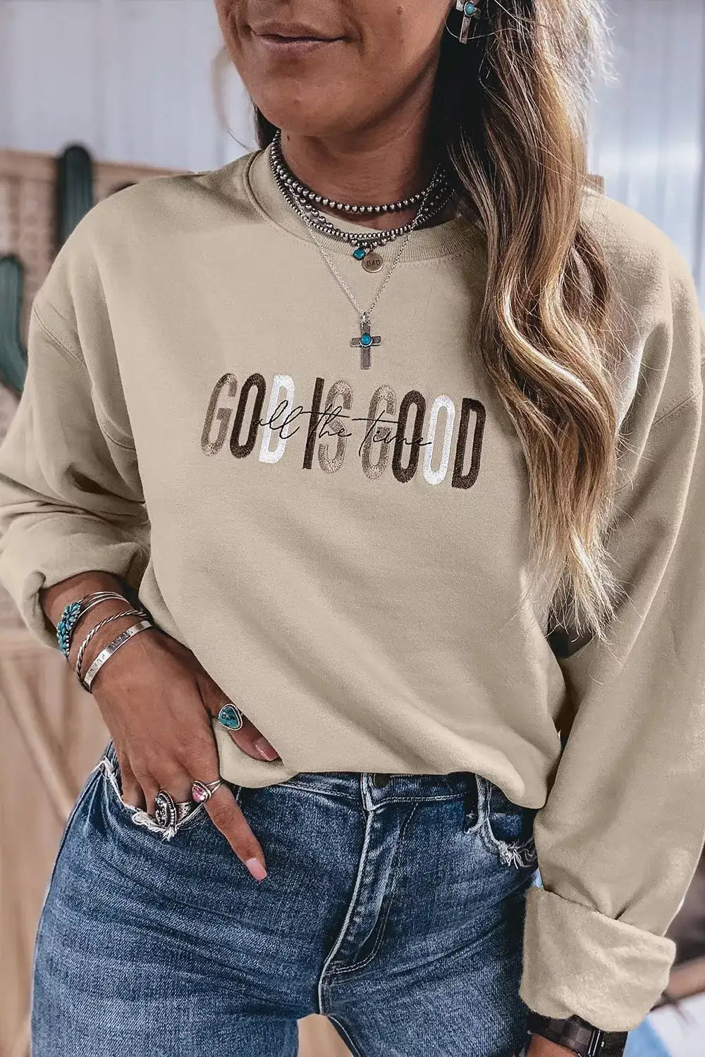 God Is Good Letter Graphic Crew Neck Sweatshirt - Trendsi - Flyclothing LLC