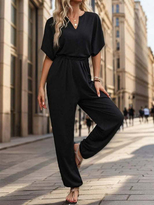 Notched Half Sleeve Straight Jumpsuit - Trendsi - Flyclothing LLC
