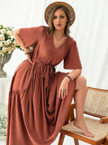 Plus Size V-Neck Flutter Sleeve Midi Dress - Trendsi - Flyclothing LLC