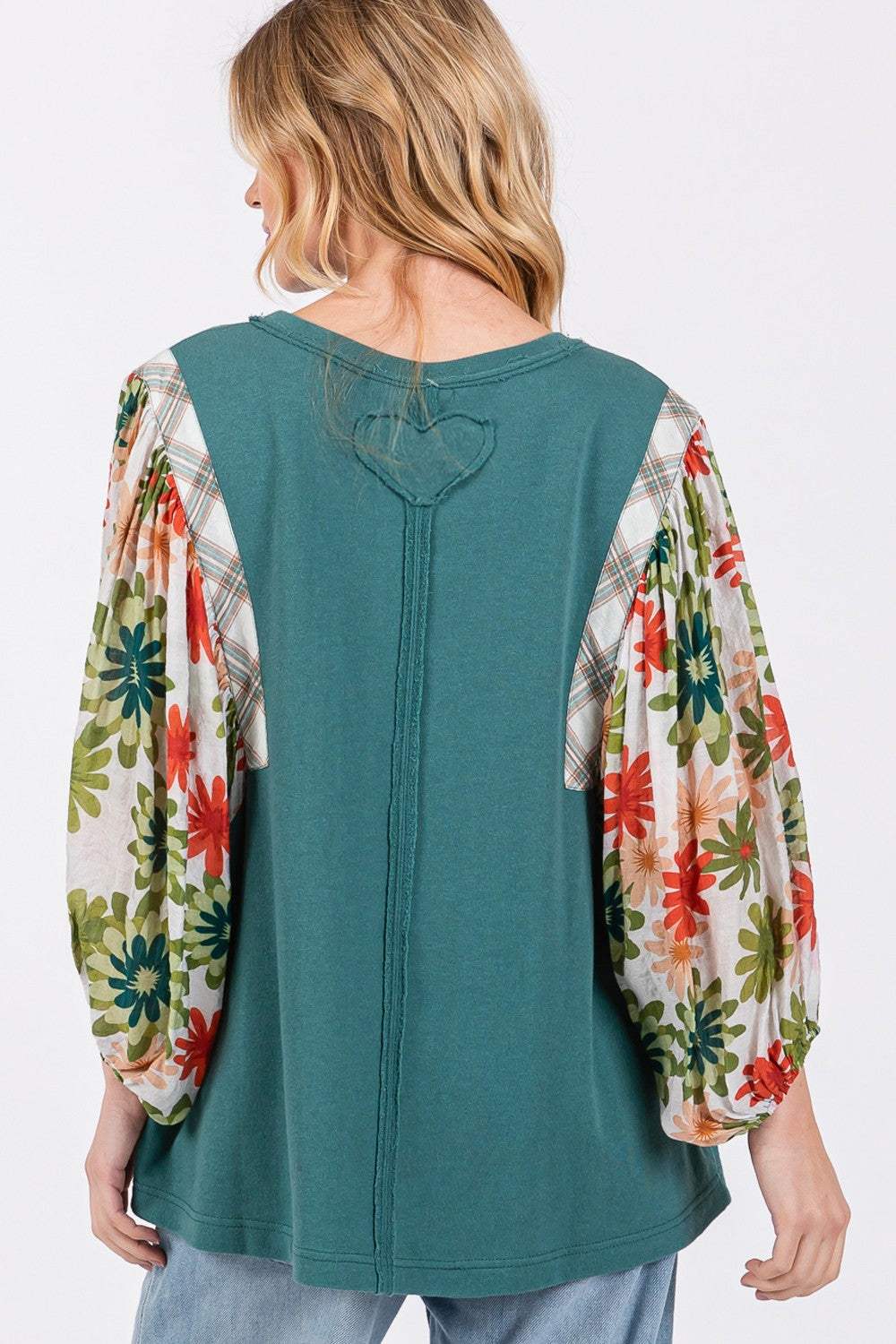 SAGE + FIG Full Size Printed Balloon Sleeve Contrast Top - Trendsi - Flyclothing LLC