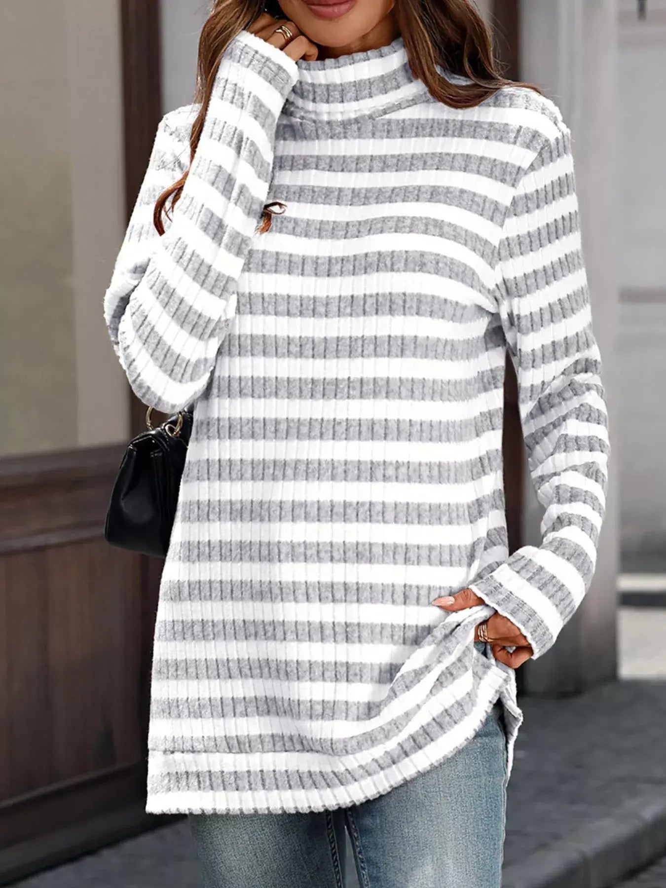 Striped Turtleneck Long Sleeve Knit Top - Trendsi - Flyclothing LLC
