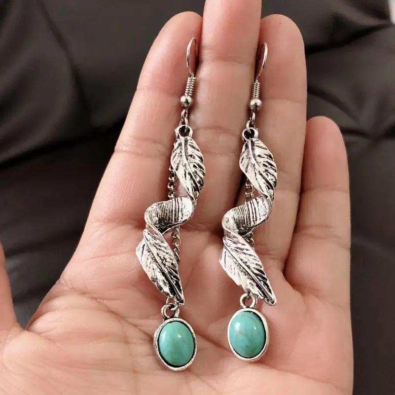 Alloy Leaf Artificial Turquoise Earrings - Trendsi - Flyclothing LLC