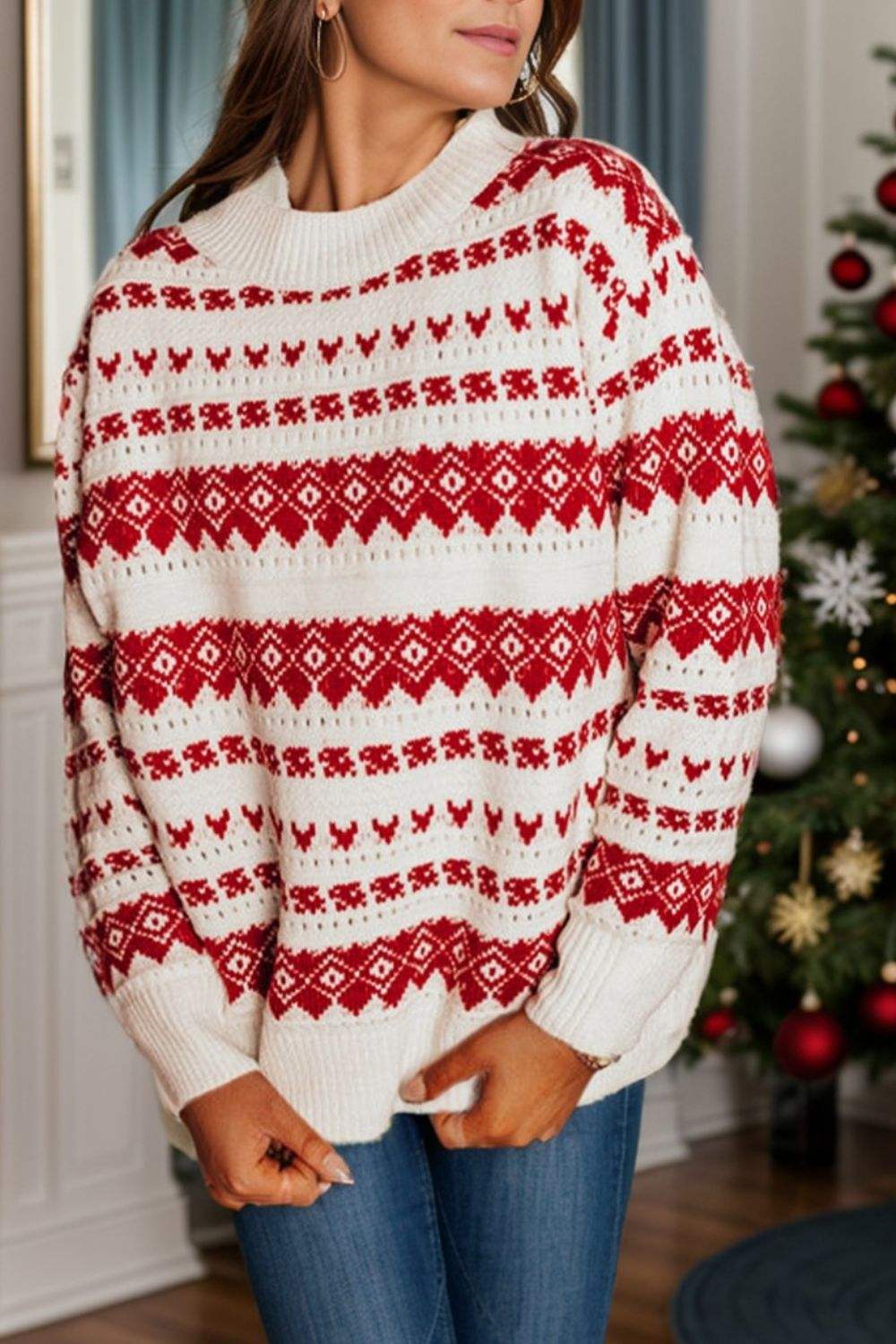 Geometric Round Neck Dropped Shoulder Sweater - Trendsi - Flyclothing LLC