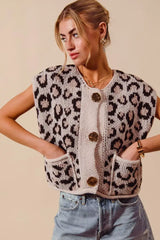 SO ME Big Metal Button Front Leopard Sweater Vest Top - Trendsi - Flyclothing LLC