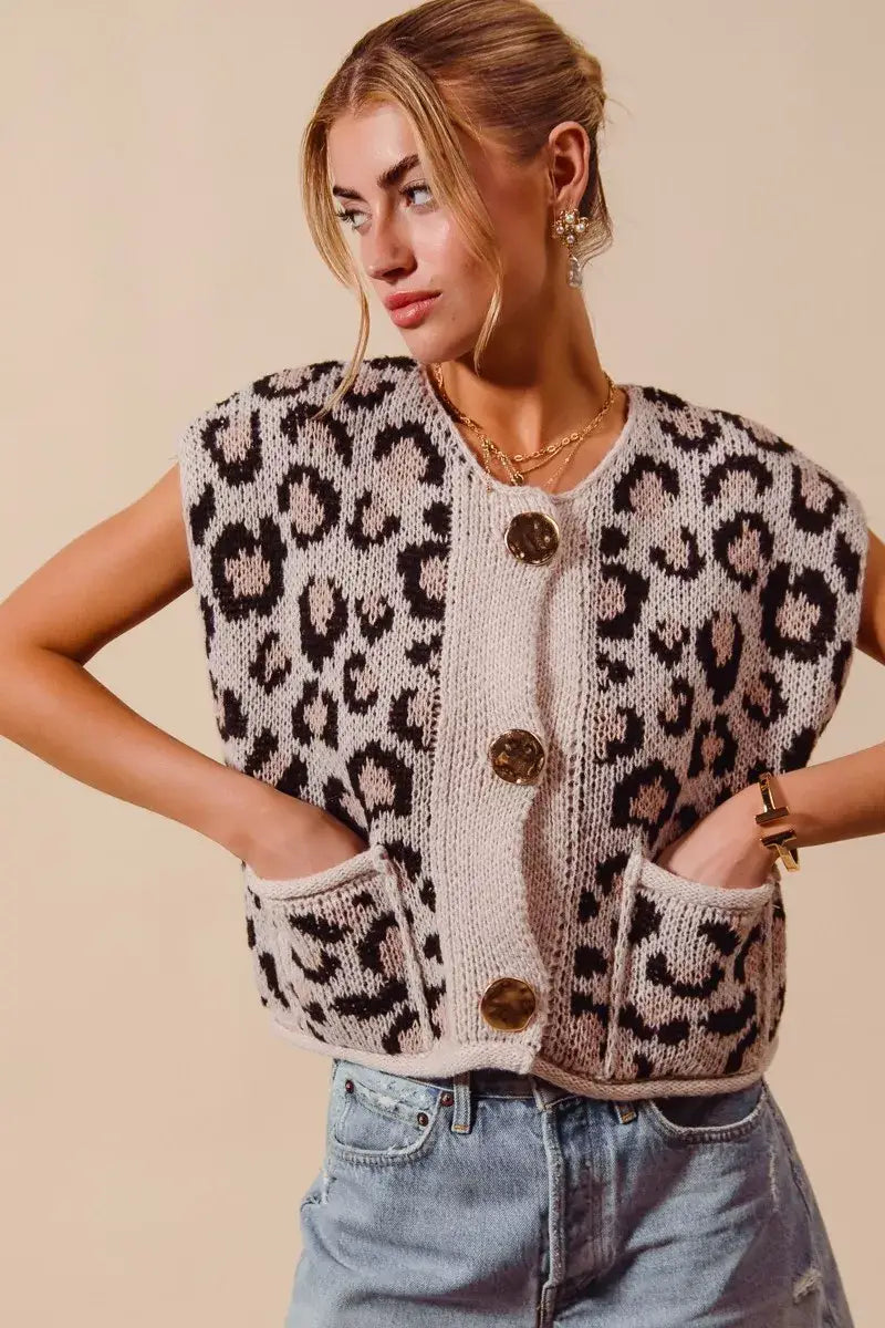 SO ME Big Metal Button Front Leopard Sweater Vest Top - Trendsi - Flyclothing LLC