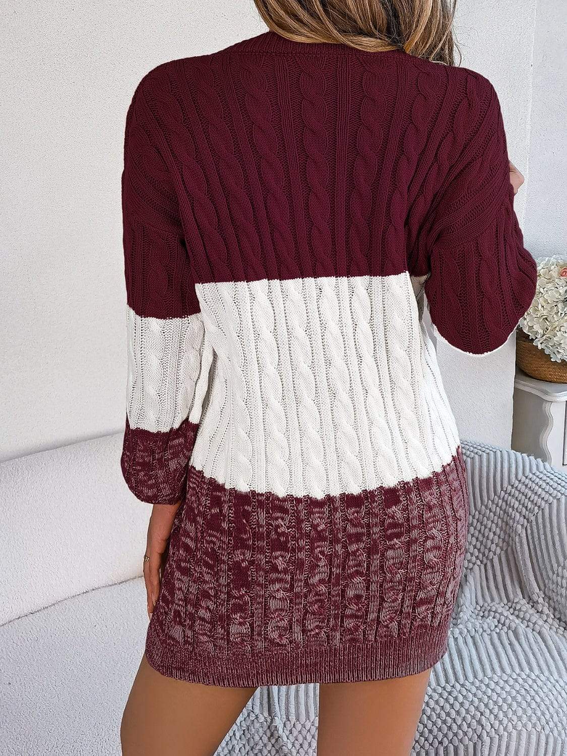 Cable-Knit Round Neck Color Block Sweater Dress - Trendsi - Flyclothing LLC