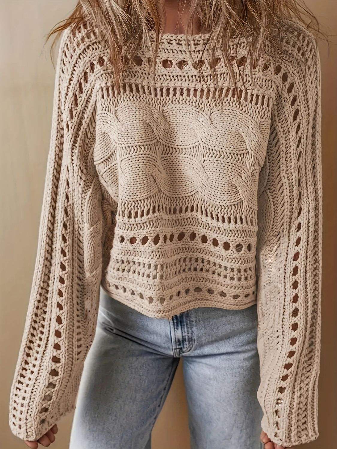 Hollow Out Cable-Knit Boat Neck Sweater - Trendsi - Flyclothing LLC