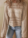 Hollow Out Cable-Knit Boat Neck Sweater - Trendsi - Flyclothing LLC