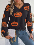 Halloween Pumpkin Pattern Raw Hem V-Neck Sweater - Trendsi - Flyclothing LLC