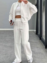 Baseball Collar Zip Up Outerwear and Drawstring Pants Set - Trendsi - Flyclothing LLC