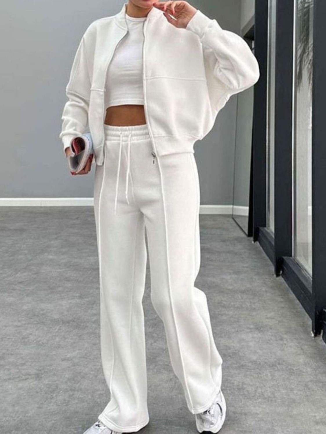 Baseball Collar Zip Up Outerwear and Drawstring Pants Set - Trendsi - Flyclothing LLC