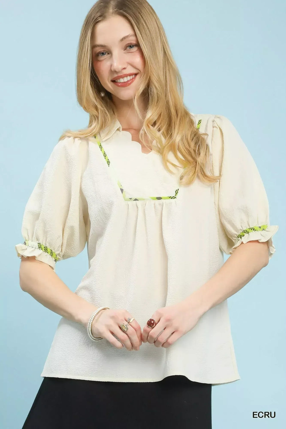Umgee Scalloped Trim Blouse with Puff Sleeves - Trendsi - Flyclothing LLC