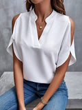 Notched Cold Shoulder Half Sleeve Blouse - Trendsi