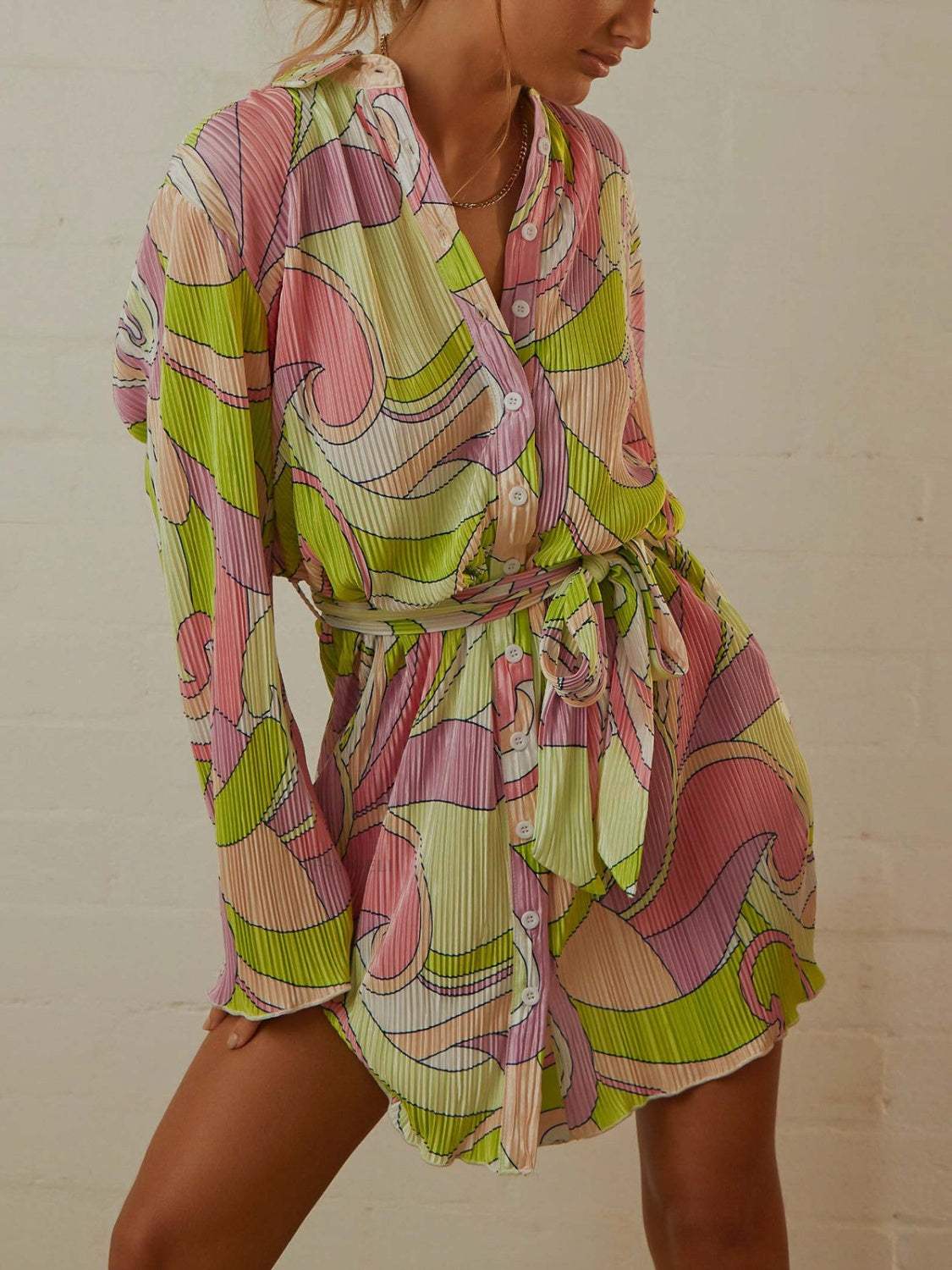 Tied Button Up Long Sleeve Dress - Trendsi - Flyclothing LLC