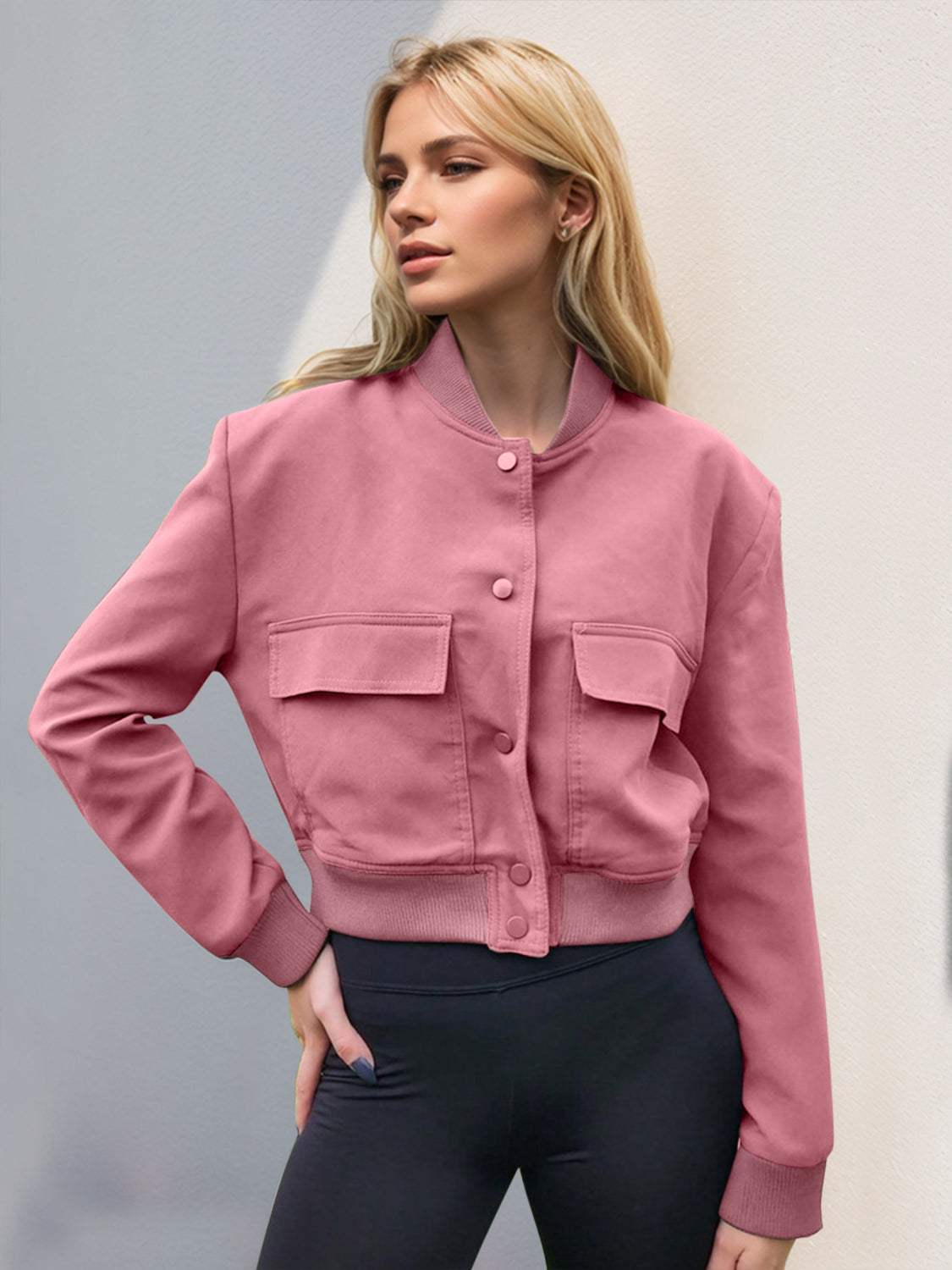 Pocketed Snap Down Baseball Collar Jacket - Trendsi - Flyclothing LLC