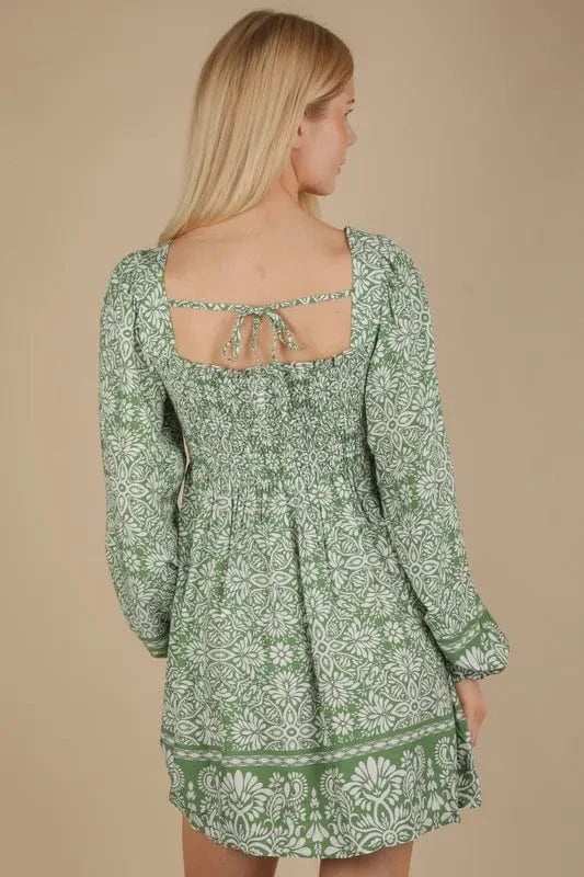 VERY J Printed Smocked Chest Boho Mini Dress - Trendsi - Flyclothing LLC