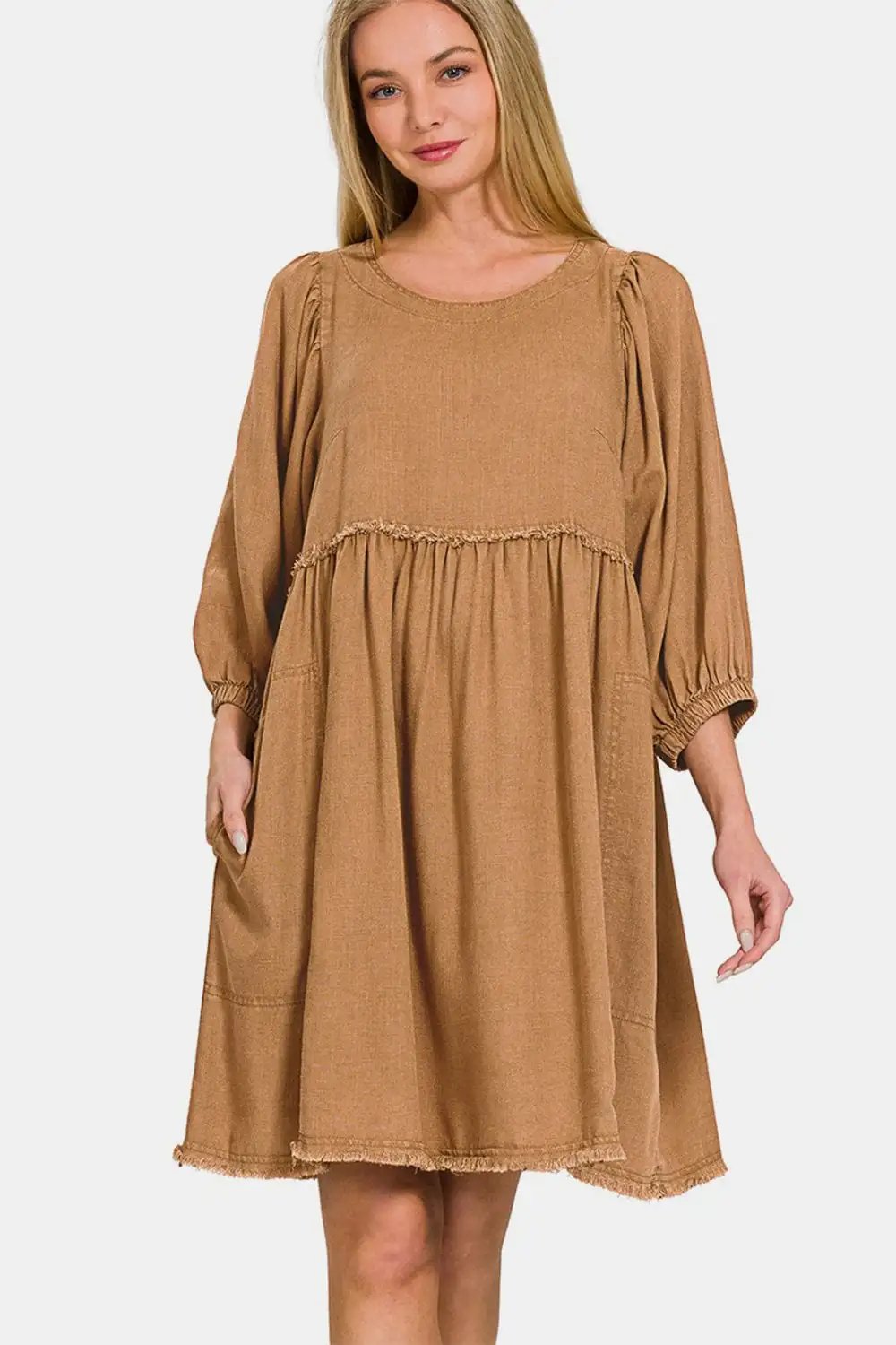 Zenana Washed Linen Pleated Puff Sleeve Babydoll Dress - Trendsi