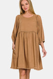 Zenana Washed Linen Pleated Puff Sleeve Babydoll Dress - Trendsi