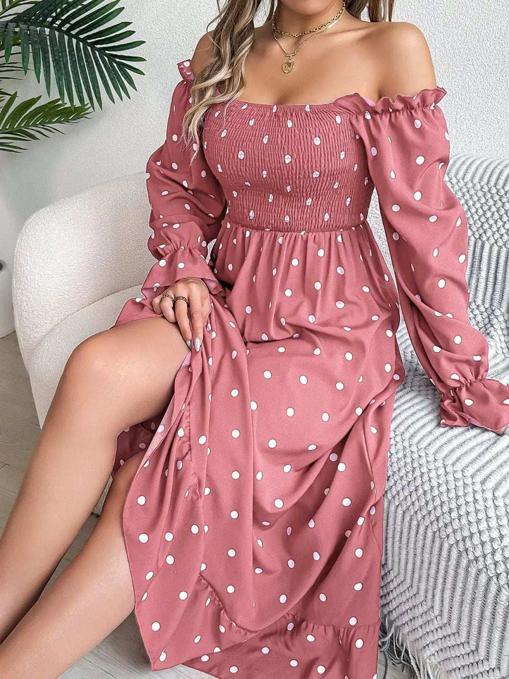 Polka Dot Flounce Sleeve Midi Dress - Trendsi - Flyclothing LLC