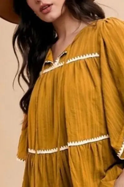 Annie Wear Tassel Contrast Trim Tie Neck Half Sleeve Tiered Dress - Trendsi - Flyclothing LLC