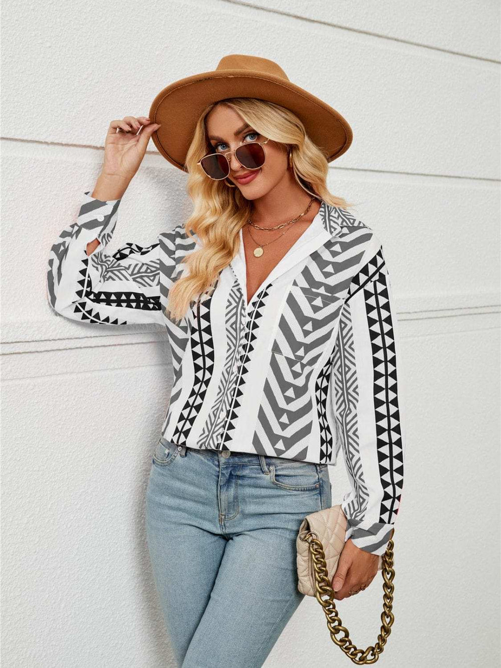 Geometric Collared Neck Long Sleeve Shirt - Trendsi - Flyclothing LLC