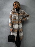 Plaid Collared Neck Long Sleeve Coat - Trendsi - Flyclothing LLC