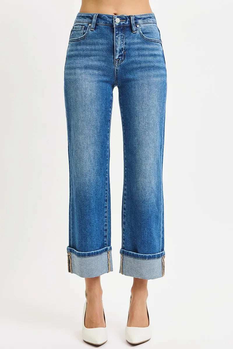 RISEN Full Size Mid Rise Crop Straight Cuffed Jeans Plus Size - Trendsi - Flyclothing LLC