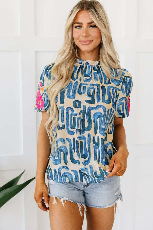 Embroidered Printed Mock Neck Short Sleeve Blouse - Trendsi - Flyclothing LLC