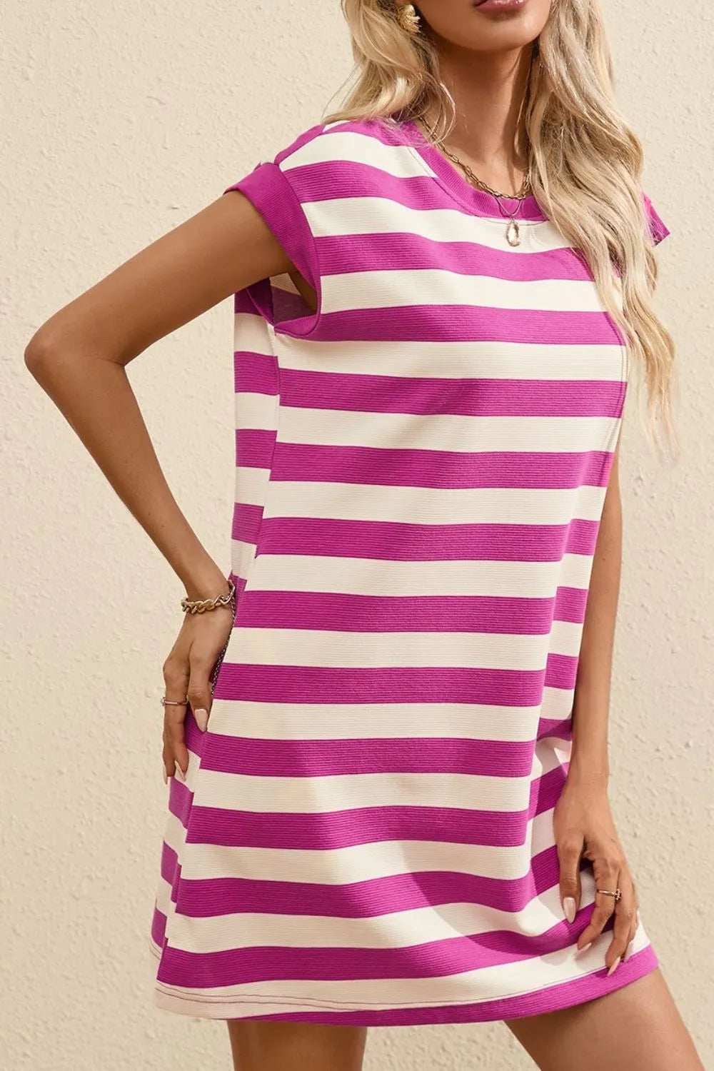 Stripe Cap Sleeve Pocketed Shift Tee Dress - Trendsi - Flyclothing LLC