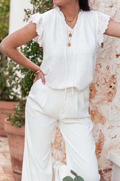 Ruffled Tie Neck Cap Sleeve Blouse - Trendsi - Flyclothing LLC