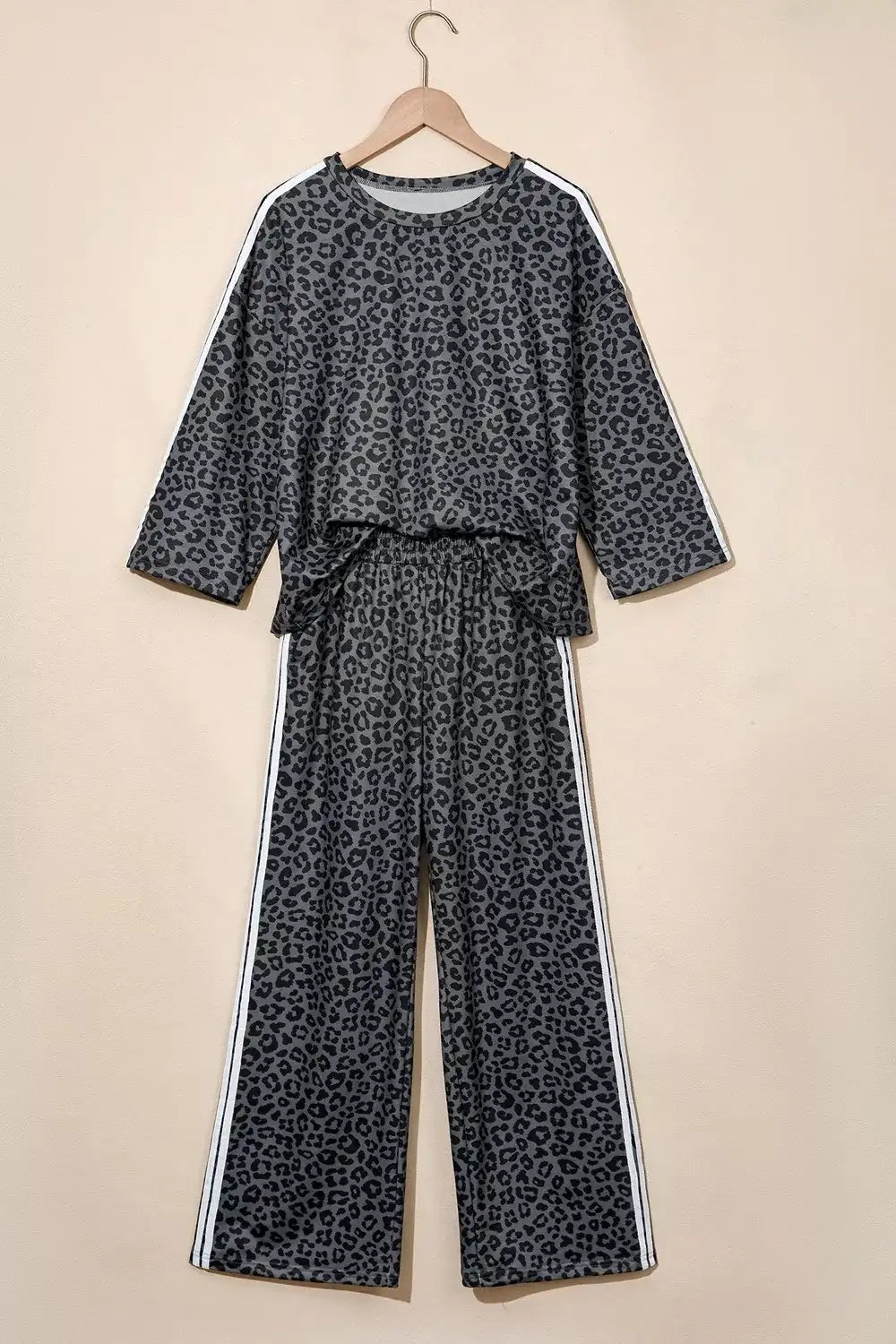 Leopard Print Varsity Striped Detail 3/4 Sleeve Top Shift Pant Set - Trendsi - Flyclothing LLC