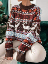 Geometric Round Neck Dropped Shoulder Sweater - Trendsi - Flyclothing LLC