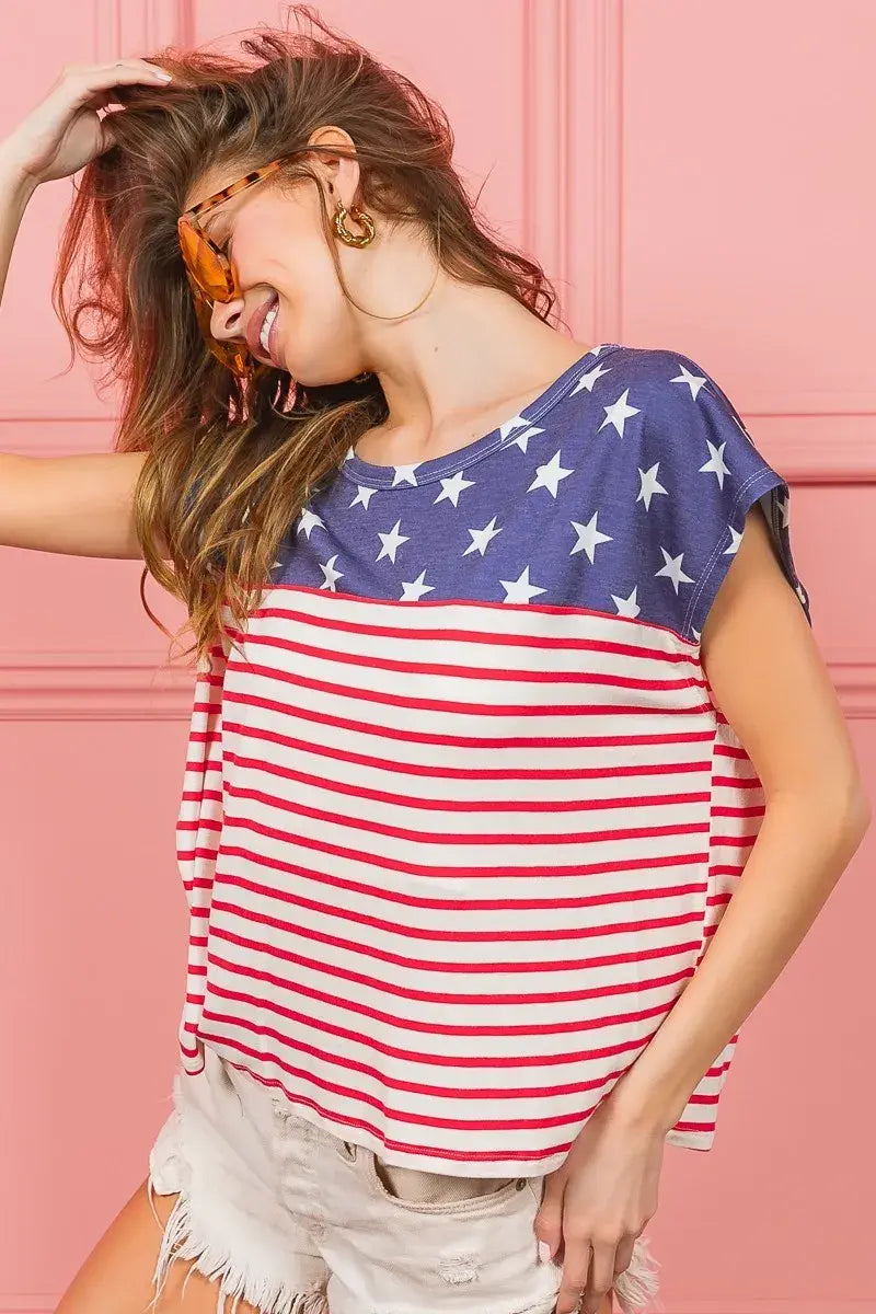 BiBi Star Rpinted with Stripe Combo Top - Trendsi - Flyclothing LLC