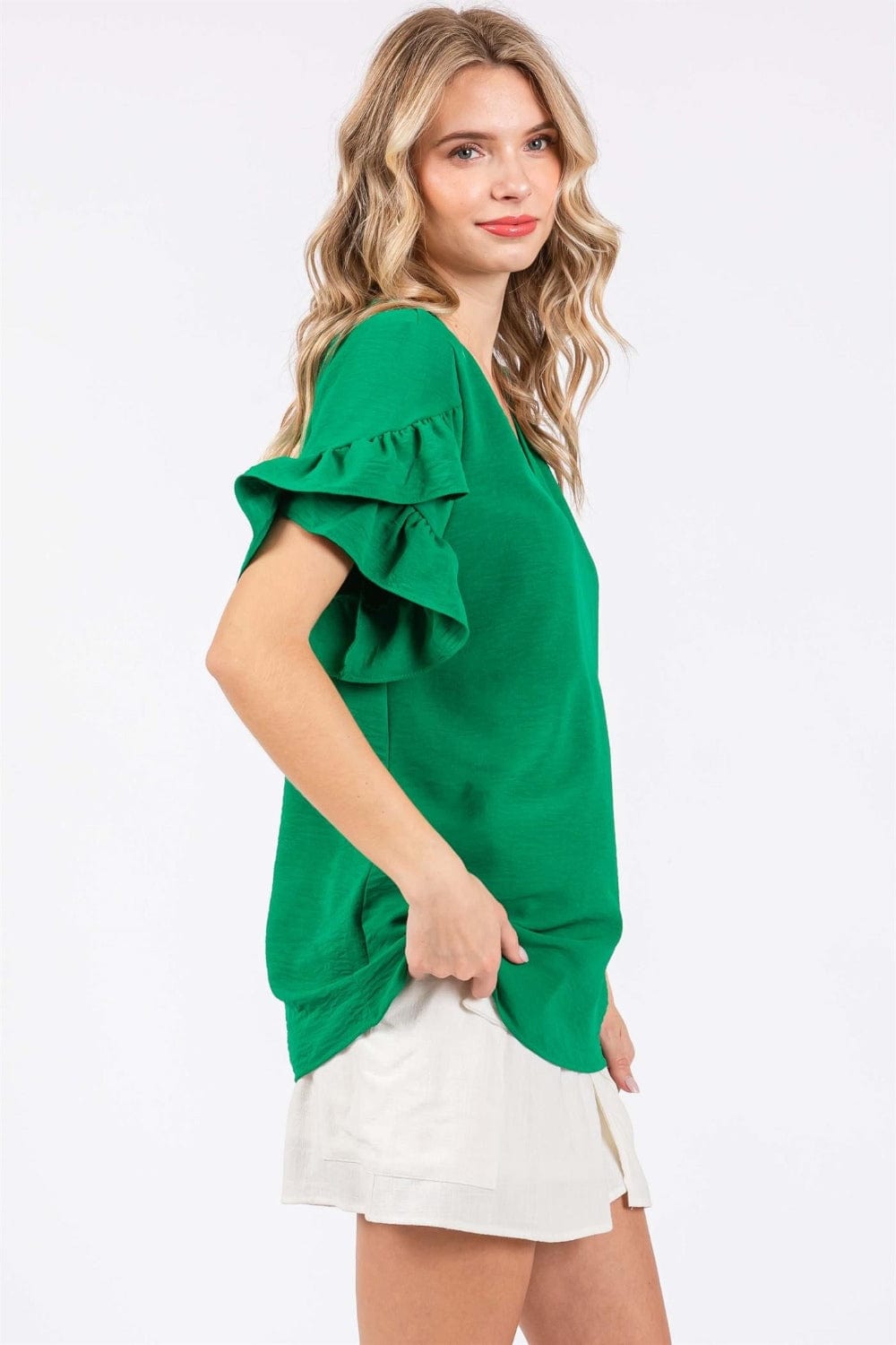 GeeGee Ruffled Short Sleeve V-Neck Blouse - Trendsi
