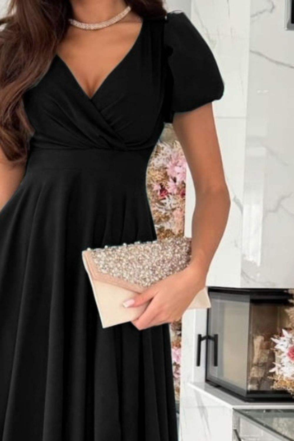 Surplice Puff Sleeve Midi Dress - Trendsi - Flyclothing LLC