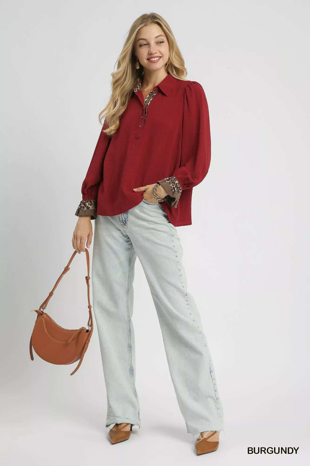 Umgee Half Button Blouse with Leopard Print Trim - Trendsi - Flyclothing LLC