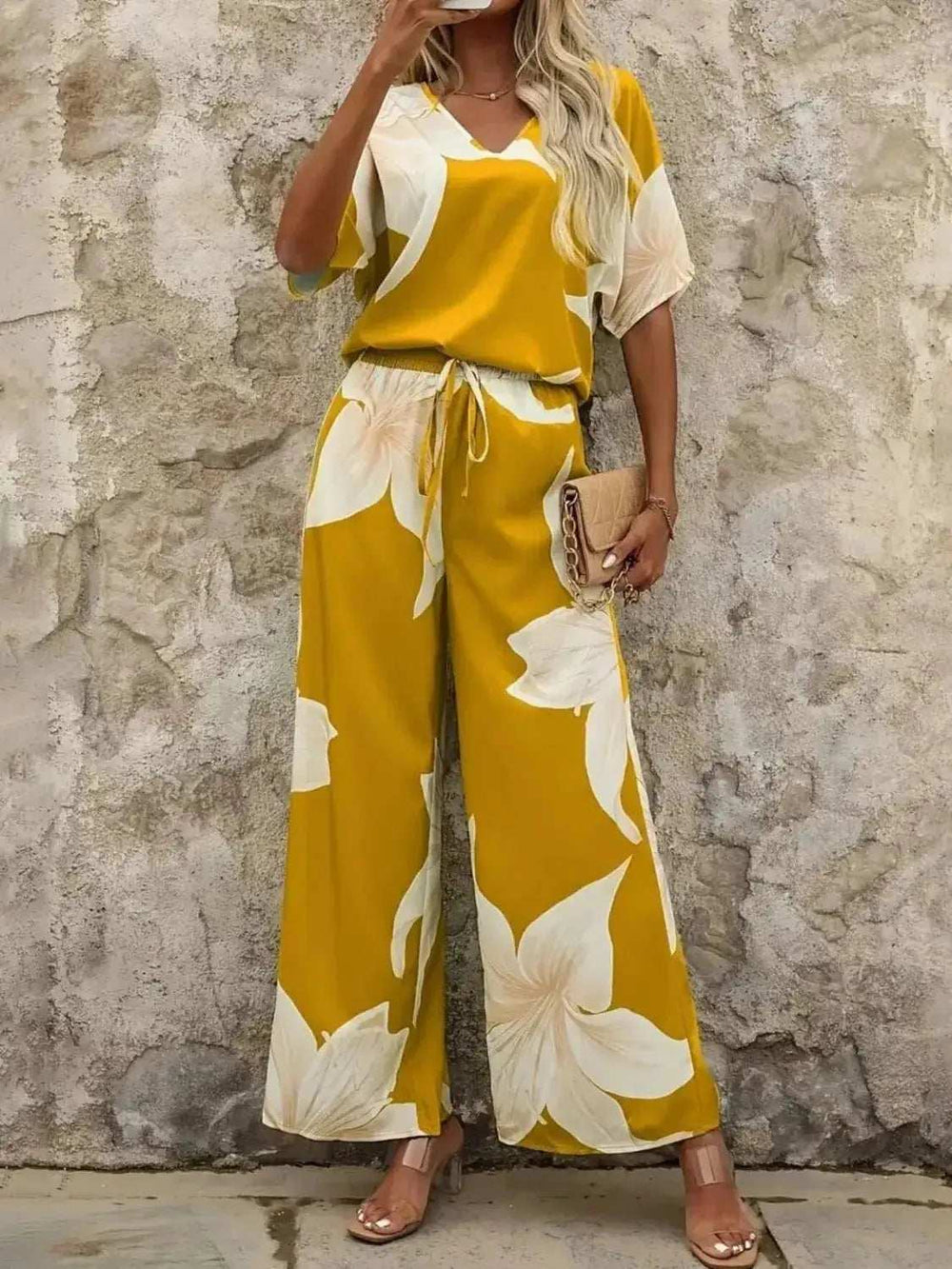 Printed V-Neck Top and Wide Leg Pants Set - Trendsi - Flyclothing LLC
