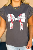 Studded Bow Graphic Round Neck Cap Sleeve T-Shirt - Trendsi