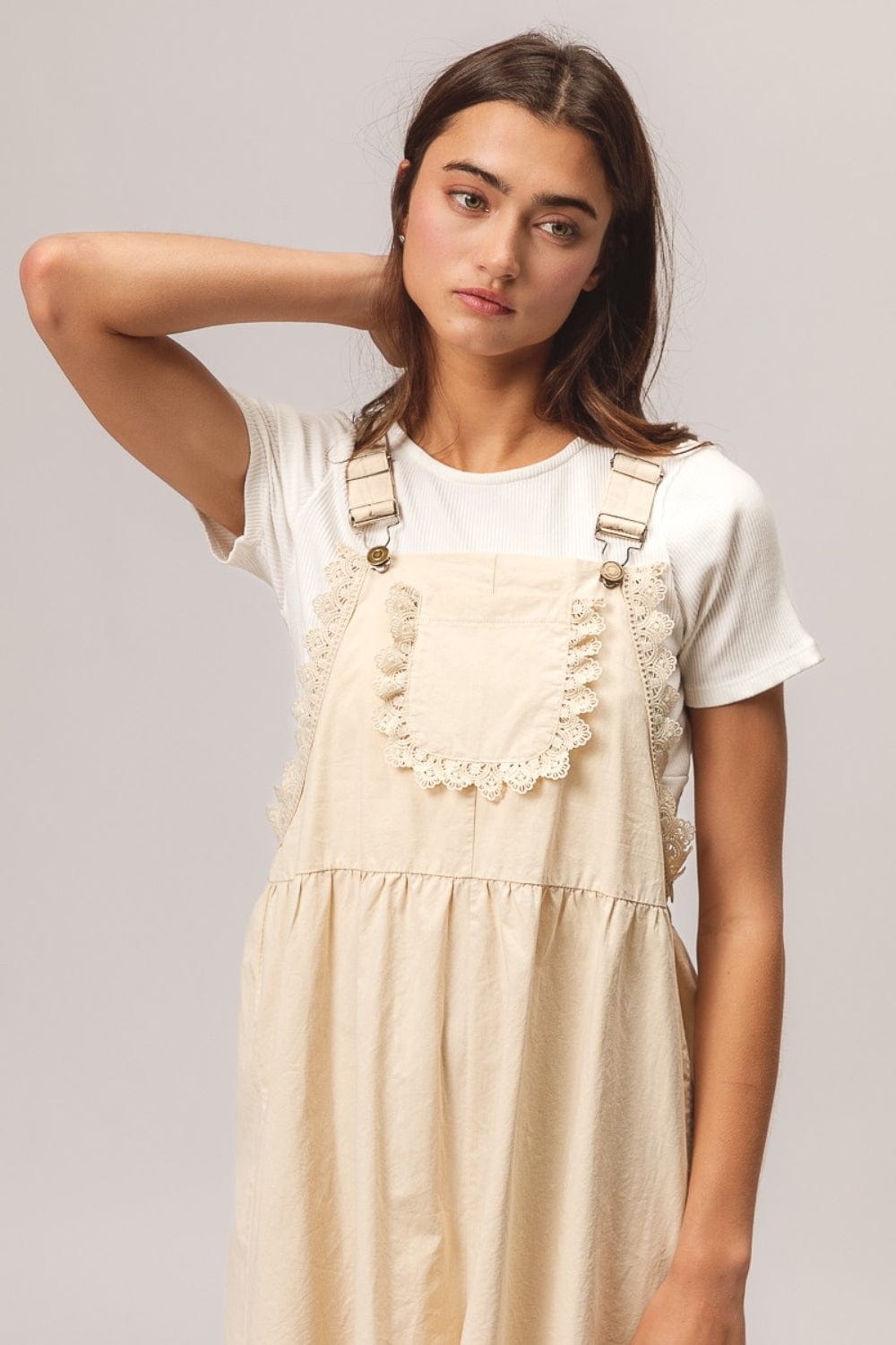 BiBi Back Patch Pocket Lace Trim Rompers - Trendsi