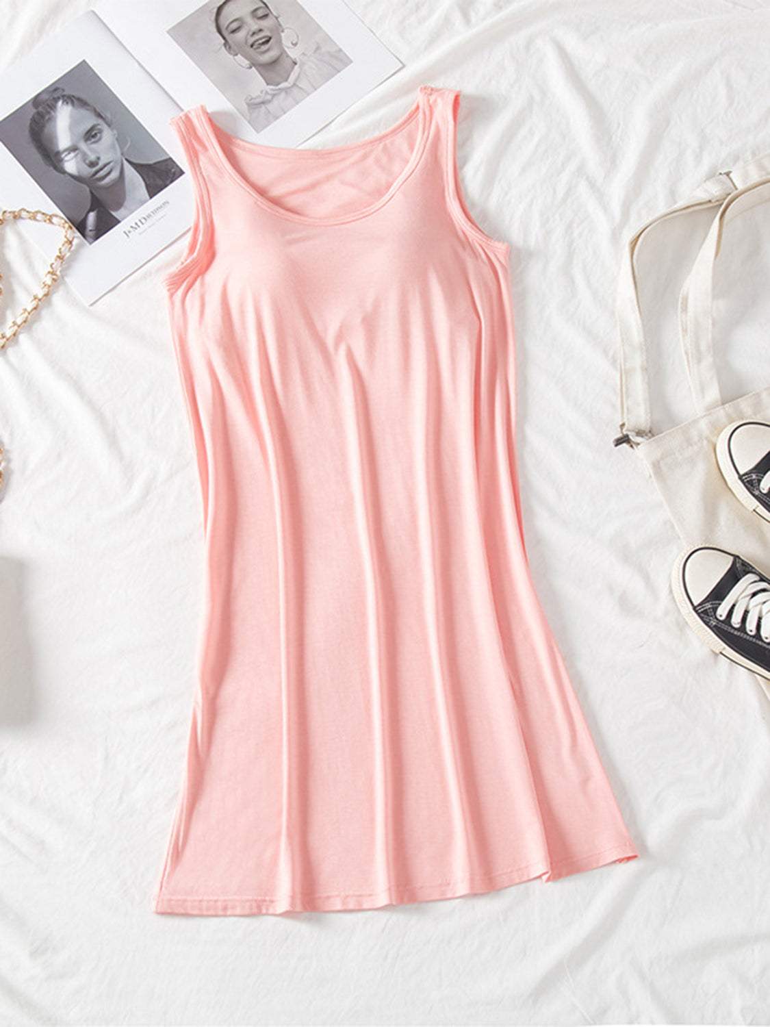 Round Neck Wide Strap Mini Tank Dress with Bra - Trendsi - Flyclothing LLC