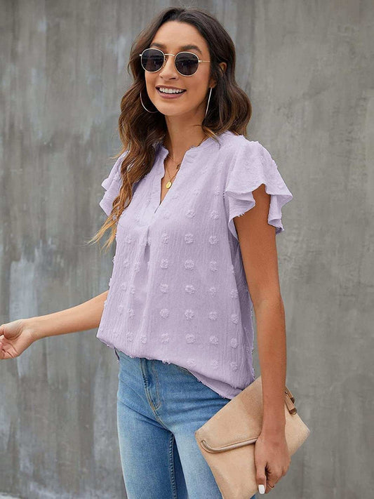 Swiss Dot Notched Flutter Sleeve Blouse - Trendsi - Flyclothing LLC