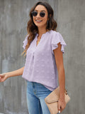 Swiss Dot Notched Flutter Sleeve Blouse - Trendsi